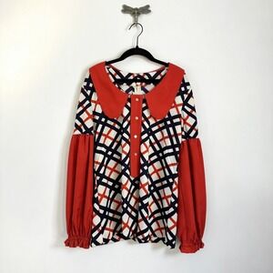 Vintage Mod Geometric Blouse Red White Blue Peter Pan Collar Bishop Sleeve M